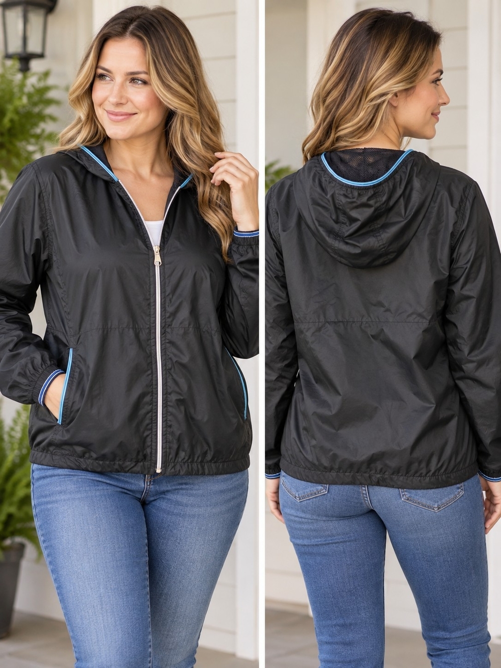 PAO SPORT Black Lightweight Hooded Windbreaker Jacket Mesh Lining Blue Trim L
